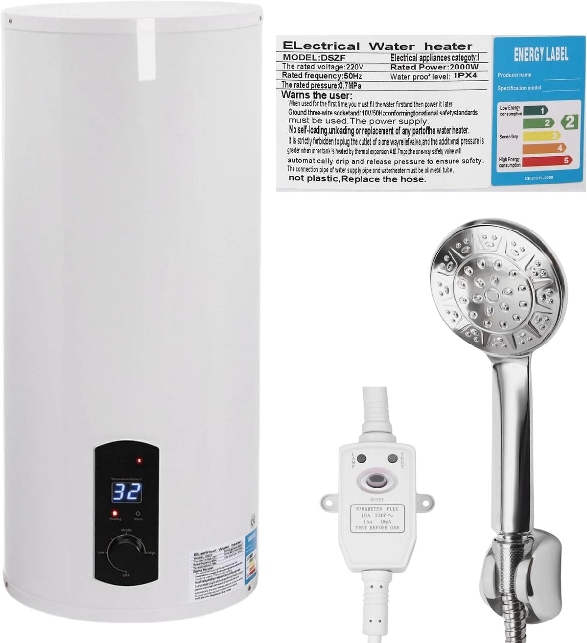Podgrzewacz wody – kolor biały, moc 2000 W, pojemność 60 l, napięcie 220 V, do codziennego zastosowania