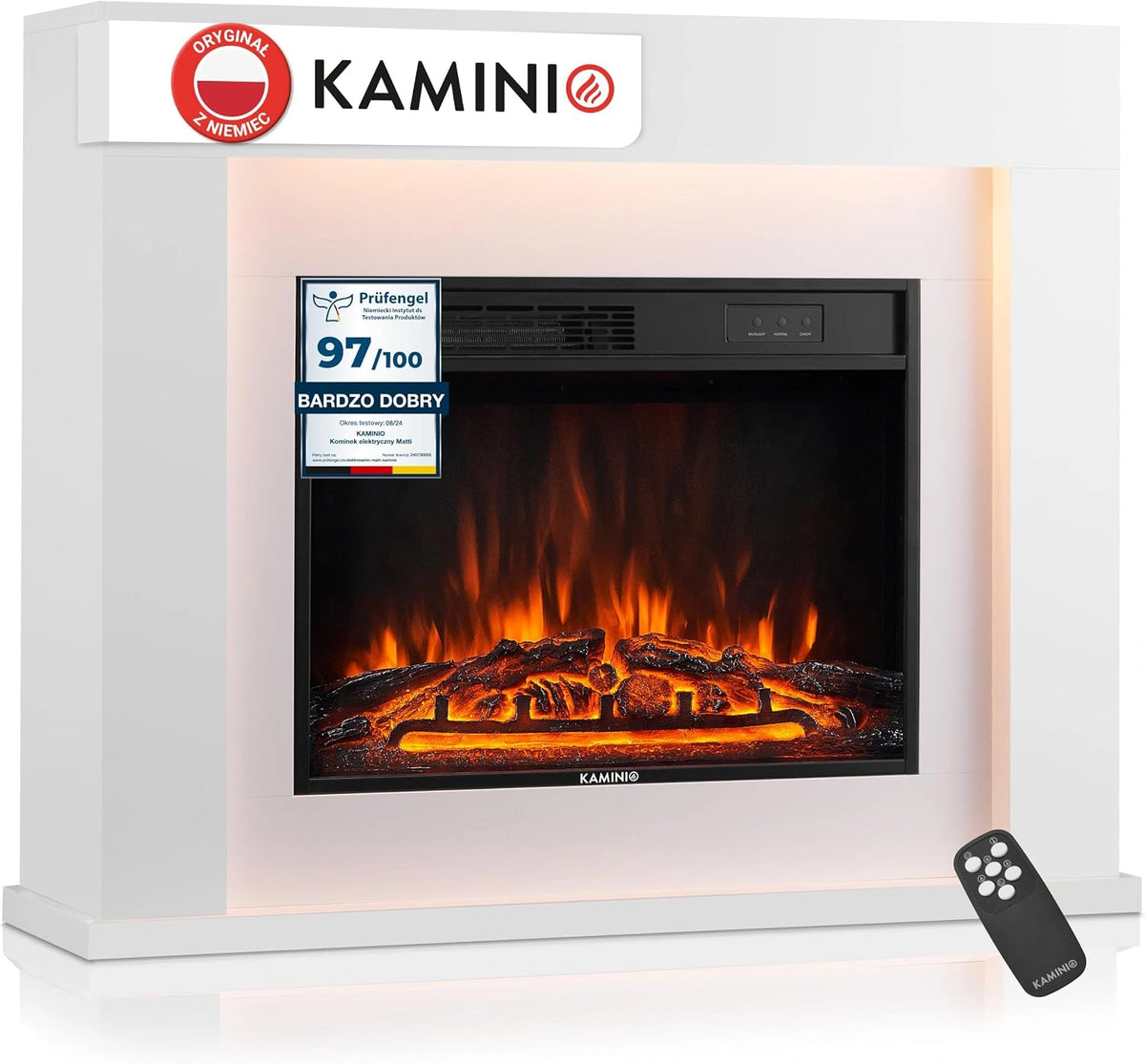 Produkt użytkowy KAMINIO – sterowanie pilotem, kolor biały, do codziennego zastosowania